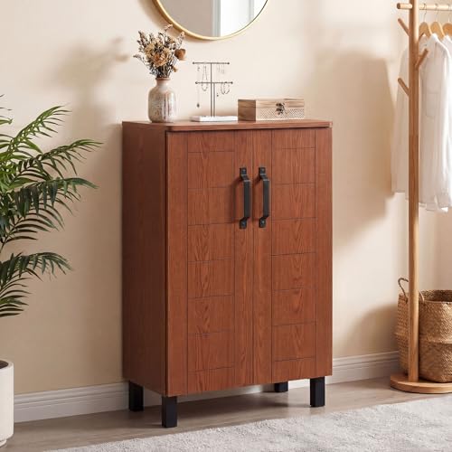 Giantex 5-Tier Shoe Storage Cabinet, Freestanding Wooden Entryway Cabinet w/Storage, 2 Doors, Removable Shelves, Shoes Rack Organizer w/Ventilation Hole for Hallway Closet Living Room (Brown) - color: Brown