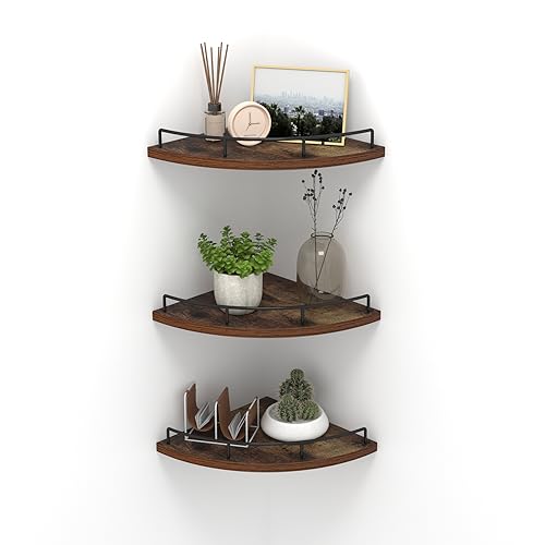 HORLIMER Floating Corner Shelf Wall Mount, Set of 3 Rustic Wood Corner Wall Shelves with Fence for Bedroom, Living Room, Bathroom, Kitchen, Brown - color: Brown - 3 Pack, size: Fan-Shaped