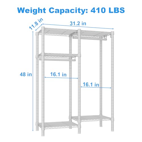 Ulif F1 Garment Rack for Kids, Baby, Students, and Children's Room, 4 Tiers Freestanding and Portable Heavy Duty Closets, Small Metal Clothes Rack with 2 Hanging Rod, 31.2" W x 11.8" D x 48" H, White - color: White