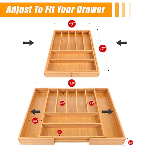 Bellsal Large Premium Bamboo Silverware Organizer - Expandable Utensil Drawer Organizer - 17"x19.6" Utensil Holder and Cutlery Tray with Grooved for Kitchen Flatware and Utensils Mother's Day Gift - color: Nature, size: 9 Slots Expandable