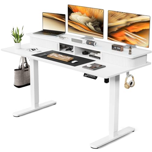 JOY worker Height Adjustable Electric Standing Desk with Storage Shelves, 55 Inch Desk with Built-in Monitor Stand, Sit Stand Workstation with 2 Hooks for Home Office, White - color: White, size: 55inch