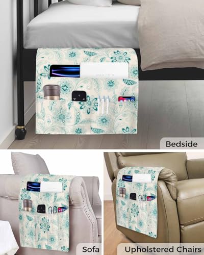 Sofa Armrest Organizer Bedside Caddy, Vintage Turquoise Floral Non Slip Couch Remote Control Holder for Recliner, Rustic Abstract Flower Burlap Arm Chair Caddy with Pocket for Magazine, 19.7"x35" - color: Turquoise, size: 19.7x35 in