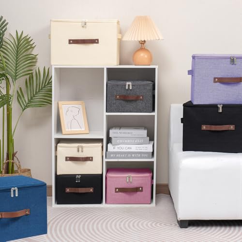 3 Pack Storage Bins with Zipper Lid Fabric Lidded Storage Boxes Baskets Cubes Washable Collapsible PU Leather Handle Cotton Linen Shelves Closet Organizer Container(Pink, Large Size) - color: Pink, size: Large ( Set of 3 )