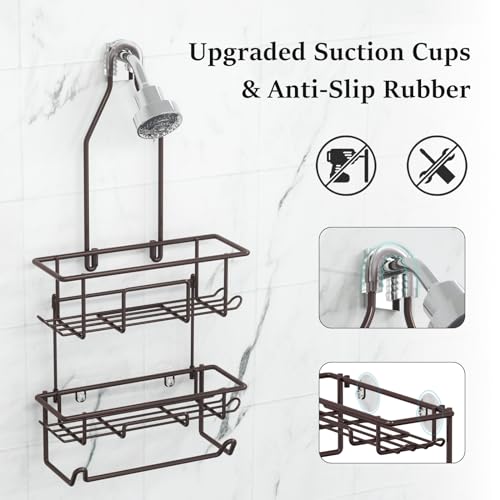 Shower Caddy Hanging over Shower Head Rust Roof Shower Organizer with 10 Hooks for Razor Shampoo Holder Bathroom Shower Rack Storage Shelf with Towel Bar – Bronze - color: A-Bronze