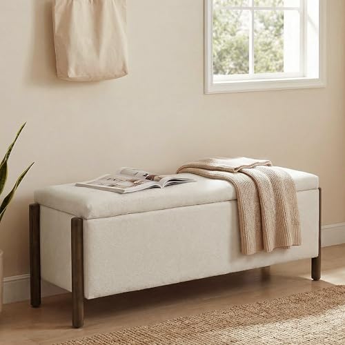 Usaint Wooden Storage Ottoman Bench, 47" Fabric Upholstered End of Storage Bench with Rubberwood Legs, Entryway Bench with Storage for Bedroom, Living Room, Reception, Cloakroom, Beige - color: Beige