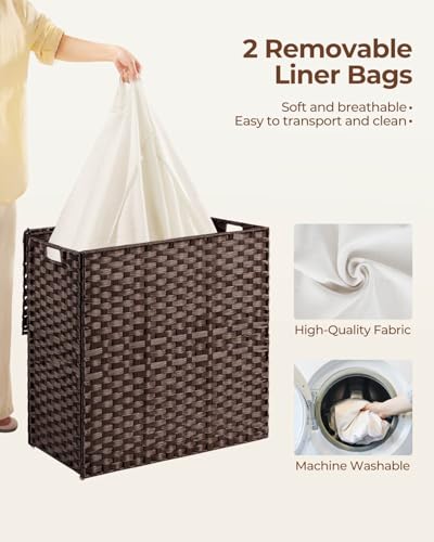 Greenstell Laundry Hamper with lid, No Install Needed, 130L Wicker Laundry Baskets Foldable 2 Removable Liner Bags, 2 Section Clothes Hamper Handwoven Rattan Laundry Basket with Handles, Brown - color: Brown, size: 130L (26.2x13.3x24.0 Inches)
