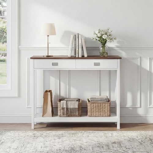 ChooChoo 39" Farmhouse Entryway Table with Drawer, Narrow Console Table with Storage Shelf, Sofa Table for Living Room, Entryway, and Hallway, White and Brown - color: White&brown, size: 11.8"D x 39.4"W x 31.5"H
