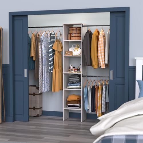 ClosetMaid SuiteSymphony Wood Closet Organizer Kit with Tower, (3) Hang Rods, (5) Shelves (2-Adjustable), Fits Spaces 4-9 ft. Wide, White Timber