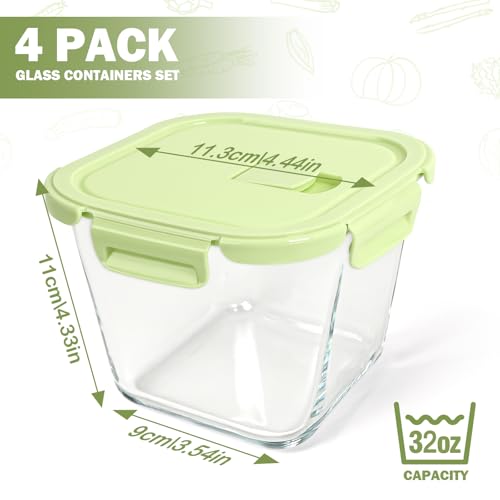 Glass Soup Containers with Lids 32oz - Borosilicate Glass Storage Containers 4 Cup, Freezer to Microwave Safe, Airtight Leak Proof, Square Meal Prep Containers for Lunch Travel- 4 Pack - color: Multicolor
