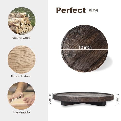 Round Decorative Tray Wood Bathroom Counter Organizer Farmhouse Kitchen Decor Wooden Riser for Soap Dish, Perfume, Candle, Sponge, 12" - Bark Brown - color: Dark Brown, size: 12"