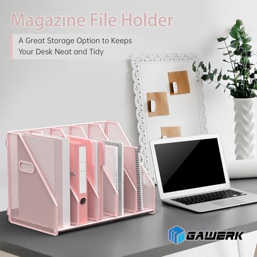 MINDEPOT Desk File Organizer Metal Desk Magazine Folder Holder with 5 Vertical Compartments Rack File Organizer for Office, Home, School (Pink) - color: Pink