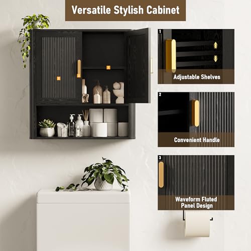 INNOD Bathroom Wall Cabinet, Wall-Mounted Medicine Cabinet with Adjustable Wood Shelf & Doors, Floating Bathroom Cabinet Over Toilet for Laundry Room & Kitchen & Living Room (Black) - color: Black