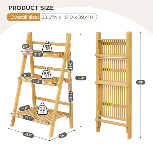 Foldable Ladder Shelf 39.4", Plant Shelf 3 Tier, Bamboo Ladder Flower Pot Display Shelf, Freestanding Ladder Bookshelf for Living Room, Balcony, Yard, Garden, 23.6"W x 15"D x 39.4"H, Natural - color: 3-tier Natural