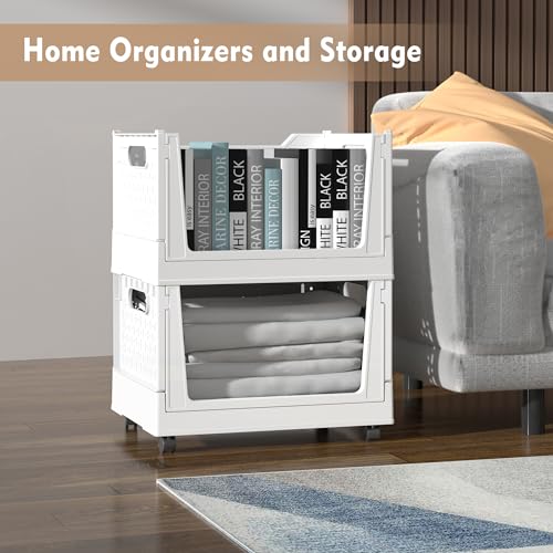 Stackable Plastic Storage Basket, 3 Pack Foldable Closet Organizers and Storage Bins with Wheels, Collapsible Drawer Shelf Storage Box Container for Office Bedroom Closet Wardrobe Kitchen Bathroom - color: White