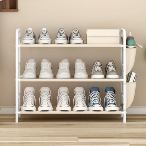 3 Tier Shoe Rack with Side Pockets, Shoe Organizer Space Saver Storage for 7-9 Pairs Shoes Storage Shelf Sturdy Free Standing Metal Long Shoe Holder Organizer for Closet, Entryway Beige - color: Beige, size: 3 Tier