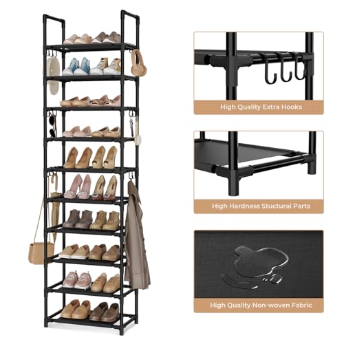 VTRIN 10 Tiers Tall Shoe Rack Holds 20-25 Pairs of Shoes Sturdy Vertical Shoe Organizer with 18pcs Hooks Stackable Narrow Shoe Rack for Closet, Entryway Black - color: Black, size: 17" Wide - 10 Tier