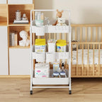 3-Tier Folding Rolling Utility Cart with Wheels, Foldable Storage Cart Organizer with 3 Hanging Cups & 6 Hooks for Kitchen, Office, Living Room, Nursery(White) - color: White