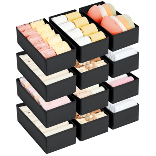 DIMJ Drawer Organizer Clothes - Underwear Organizer Small Sock Organizer Closet Organizers and Storage Box Dresser Drawer Dividers for Baby Clothes,Bra,Socks, Belt, Tie, Set of 12, Black - color: Black, size: Set of 12