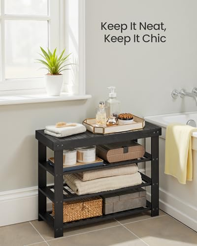 SONGMICS Shoe Rack Bench, 4 Tier Bamboo Shoe Storage Organizer, Entryway Bench, for Living Room, Bathroom, Bedroom, 11.3 x 27.6 x 20.5 Inches, Ink Black ULBS370BH01 - color: Ink Black, size: 11.3"D x 27.6"W x 20.5"H