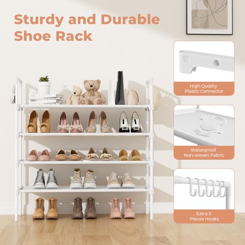 LANTEFUL 4 Tier Shoe Rack for Closet Shoe Organizer with 5 Hooks, Long Shoe Shelf Storage for Shoe and Boot Stackable Free Standing Shoe Rack for Entryway, Garage, Small Spaces, Dorm, White - color: White, size: 27.8"W - 4 Tier