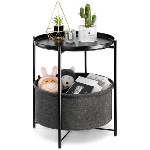danpinera Round Side Table with Fabric Storage Basket, Metal Small Bedside Nightstand Removable Tray Top for Living Room, Bedroom, Nursery, Laundry, Ink Black - color: Ink Black