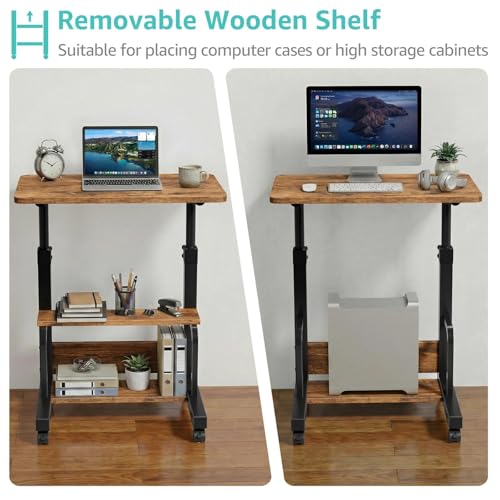WINAZ C Shaped Rolling Laptop Desk - 24" Rustic Brown Mobile Kids Desk with Wheels for Small Spaces, Height Adjustable Overbed Table with 2-Tier Storage Shelves - color: Rustic Brown