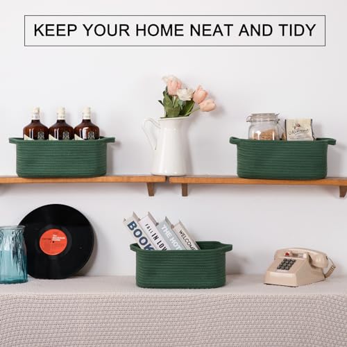 OIAHOMY Cotton Rope Woven Baskets for Storage, Nursery Rectangle Storage Basket with Handles for Shelves, Pack of 3, Green - color: Green