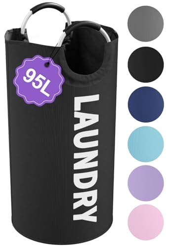 95L Large Laundry Hamper for Adult, Foldable Black Laundry Basket with Soft Handles, Freestanding Dirty Clothes Hampers, Portable Laundry Bin for Flat, Bathroom, Black - color: Black, size: L-95L