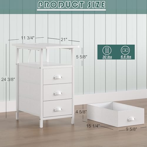 sthmec End Table with Charging Station, Side Tables Livingroom with USB Ports and Outlets,Narrow Nightstands Bedside Tables with 3 Drawers PU Finish for Small Space,Slim Sofa Table Bedroom,White - color: White, size: 11.75'' W*21'' D* 24.3'' H, style: Pow