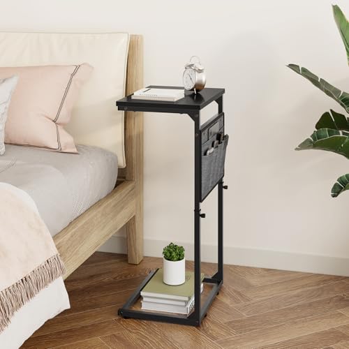 Vagusicc C Shaped End Table, 33'' Tall Side Table for Couch, Adjustable Height Small Couch Side Table for Small Spaces, Couch Table Slide Under Sofa Table TV Tray Table for Living Room Bedroom, Black - color: Black