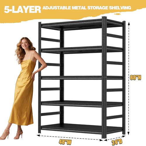 88" H Garage Shelving Heavy Duty, Metal Storage Shelves, 3000LBS, 5-Tier Adjustable Industrial Shelves Unit, Utility Organizer Shelf for Garage, Kitchen, Warehouse, Basement, 48"W x 24"D x 88"H - size: 48"W x 24"D x 88"H