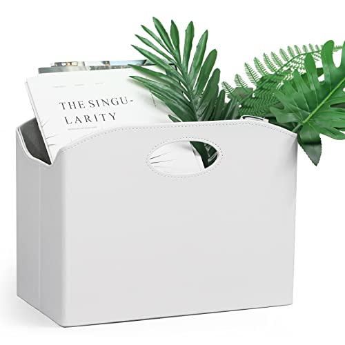 EZDeco Magazine Holder Foldable Magazine Rack Floor PU Leather File Holder Newspaper Book Storage Basket Document File Folder Organizer for Office Home (White-1) - color: White-1