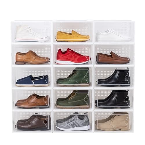 HealSmart 15-Pack Large Shoe Storage Boxes, Stackable Plastic Shoe Organizer with Lids, Large Shoe Rack & Storage Containers for Closet, Under Bed, Entryway, White