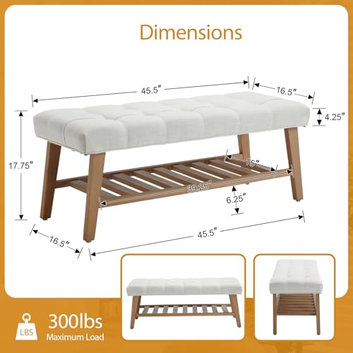 Wooden Entryway Bench for End of Bed Bench with Shoe Shelf Farmhouse Button Tufted Linen Fabric Upholstered Hallway Bench for Living Room/Bedroom/Hallway/Window Corner, Ivory - color: Ivory