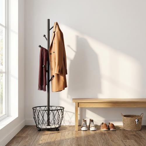 Freestanding Metal Coat Rack Stand with Basket Modern Organizer for Scarf Jacket Hat Bags Ideal for Home Entryway Bedroom Corner Stable and Moveable tree (black) - color: black