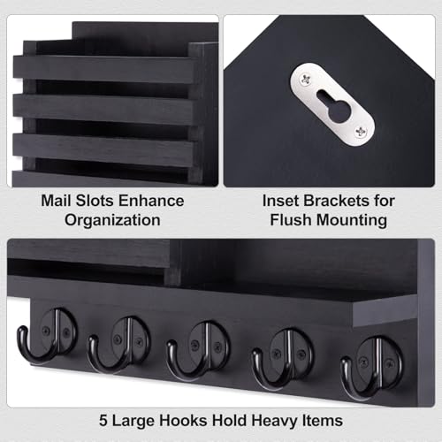 Lwenki Key Holder for Wall – Decorative Wooden Mail Holder and Key Shelf with Mounting Hardware, Installation Guide – Paulownia Wood with Metal Key Hooks (Black, Large - 11.8inch) - color: Black, size: Large - 11.8inch