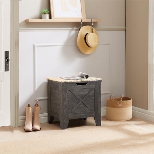 VECELO 17.7" Storage Bench, Entryway Shoe Ottoman, Farmhouse Style Bench with Handwoven Cushion and Metal Safety Hinges, for Bedroom, Living Room, Entryway, Gray - color: Grey, size: 17.7"W