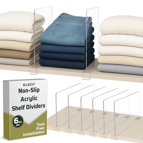 6- Pack Clear Acrylic Shelf Dividers-Non-Slip Closet Organizers for Sweaters, Bags, Towels- Shelf Separators for Bedroom, Kitchen, Office