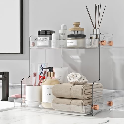 Bathroom Countertop Organizer, 2 Tier Clear Plastic Vanity Organizer with Adhesive Support, Space Saving Storage Shelf for Skincare, Perfume, Makeup and Daily Essentials - color: Clear