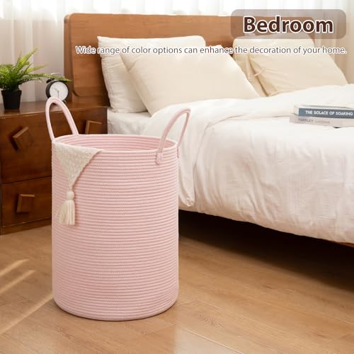 OIAHOMY Large Laundry Basket Hamper - 100L Cotton Rope Woven Basket for Blankets, Toys, Clothes - Tall Decorative Nursery Hamper with Long Handles, Pink - color: Pink, size: 100L