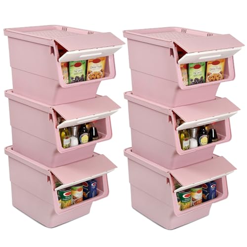 Giantex Plastic Stackable Storage Bins with Lids & Wheels, 6 Pack Open Front Stacking Bins, Organizer Bins for Pantry, Kitchen, Laundry, Closet, Playroom, Bedroom Organization (35 QT) - color: White + Pink, size: 6 Pack, 35 QT