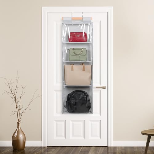 Syeeiex Hanging Handbag Purse Organizer with Zippers, Clear Slubbed Fabric+PVC Hanging Closet Bag Organizer, 4 Mesh Shelves,Dustproof Handbag Closet Tote Storage Bag for Door, Wardrobe, Shelf Rack - color: Grey-4 Shelves