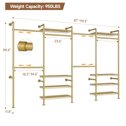ComfyCorner Wall Mounted Garment Rack, Industrial Pipe Metal Clothing Rack with 6 Hanging Rods (4 Expandable) & 8 Shelves, Closet Organizers and Storage System for Bedroom, Walk in Closet - color: Gold