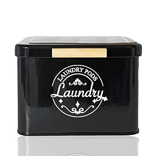Laundry Pods Holder with Hinged Lid, Farmhouse Space-Saving Metal Container for Laundry Room Decor Organization and Storage, Detergent Dispenser for Efficient Laundry Room Use-Black - color: Black
