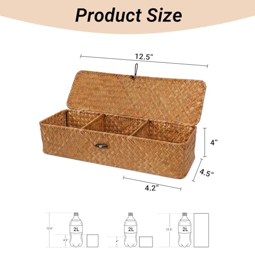 Nonam Seagrass Storage Small Basket with Lid - 3-Section Divided Organizer for Tea,Sugar,Coffee,Tampons - Woven Shelf Bin for Closet, Toilet Tank - Rectangular Narrow Boho Basket Home Decor - color: Small Natural