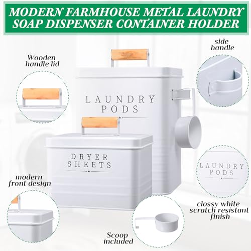 Yaocom 2 Pcs Laundry Pod Container with Dryer Sheet Holder Farmhouse Laundry Room Decor Organization and Storage Detergent Container Box with Lid Handle Metal Dryer Sheet Dispenser(White) - color: White
