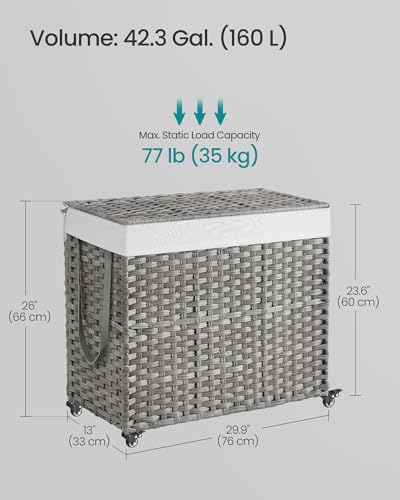 SONGMICS Laundry Hamper with Lid, 42.3 Gallons (160 L), Rolling Laundry Basket with Wheels, 3-Section Synthetic Rattan, Removable Liner, Bedroom, 29.9 x 13 x 26 Inches, Gray ULCB365G01 - color: Gray, size: 160 L