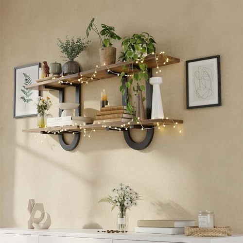 Arched Floating Shelves Set of 2, 15" Vintage Distressed Wall Mounted Shelves with Capsule Frame, Rustic Burnt Wood Hanging Shelves for Bathroom, Living Room, Kitchen, Brown - color: Brown