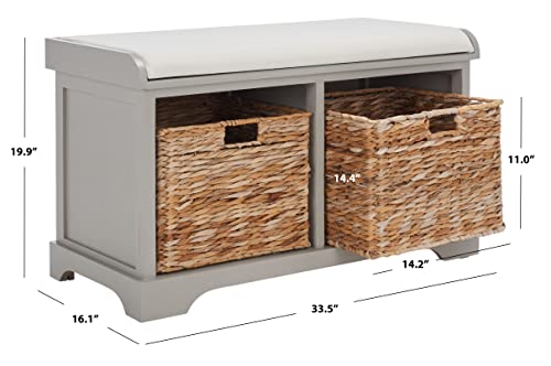 SAFAVIEH Home Collection – Freddy Vintage Grey Storage Bench with Wicker Baskets & Cushion, Entryway Seating Bench, Fully Assembled (AMH5736F) - color: Vintage Grey