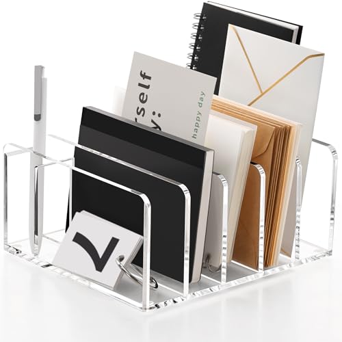SANRUI Acrylic Mail Organizer, 5 Compartments File Holder for Desk, Letter Sorter with Pen Holder, Clear Countertop Document Sorter for Notebooks, Bills & Eyeshadow Palettes - style: 5 Sections with Pen Holder